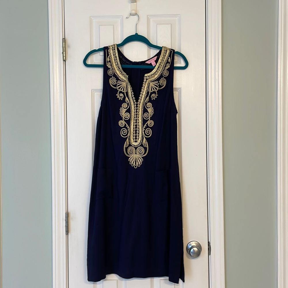 Navy and Gold Lilly Shift with Pockets